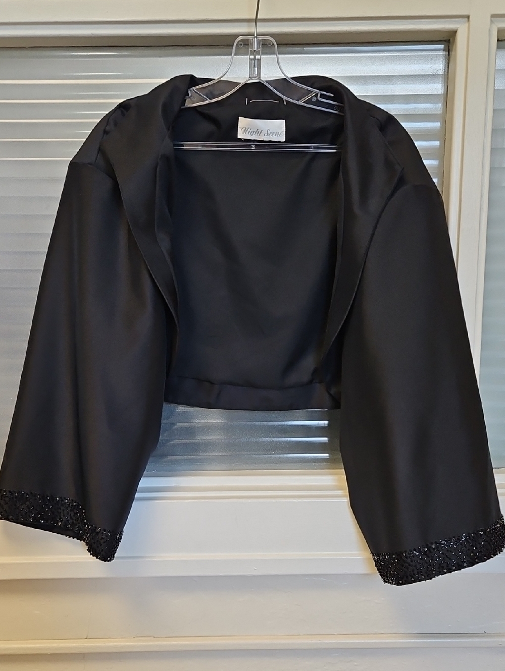 Size 2X Black Long Sleeve Open Front Bolero w/ Beaded Sleeve Edges By Night Scen